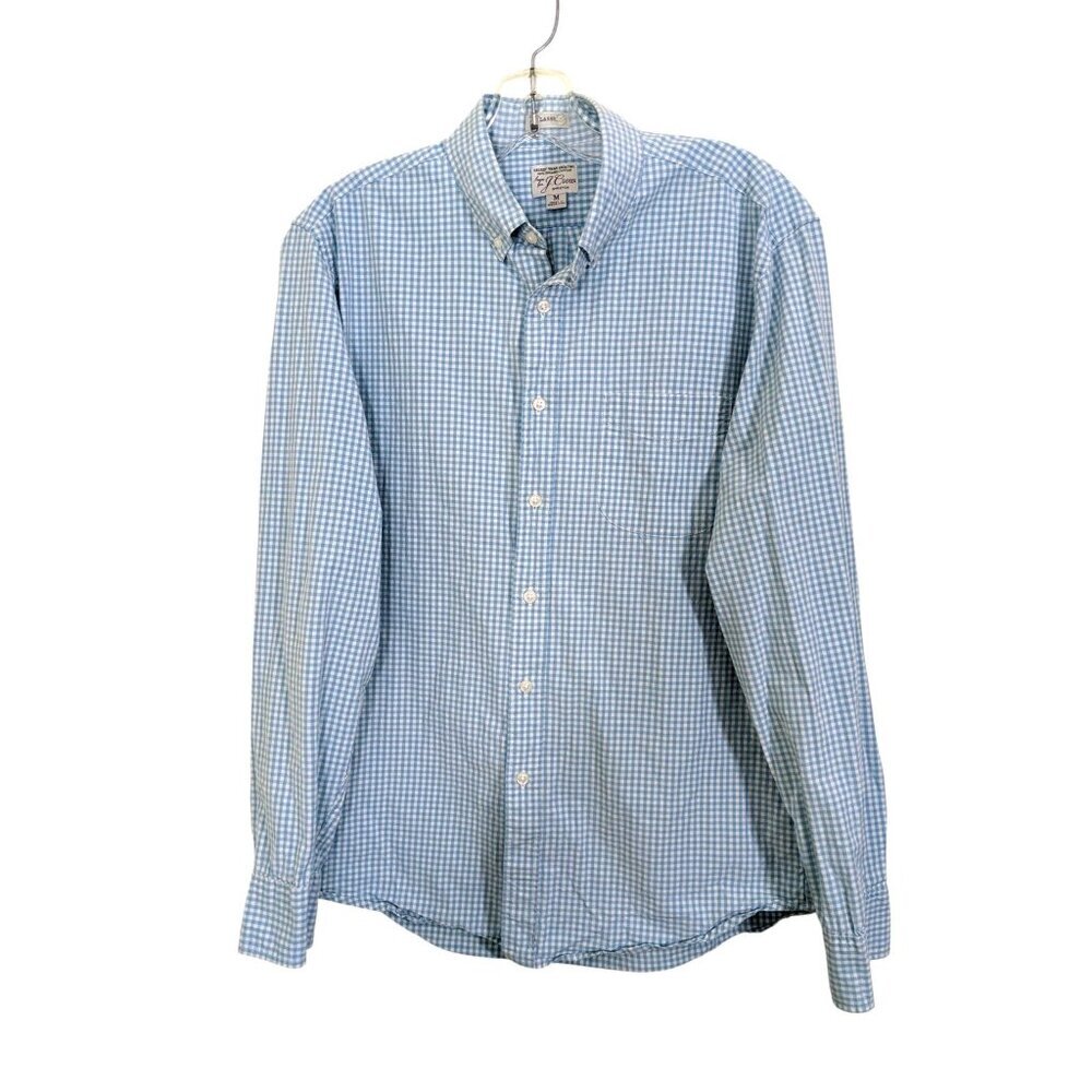 J Crew Organic Cotton Blue Button Down Shirt Men Medium Gingham Layering Preppy